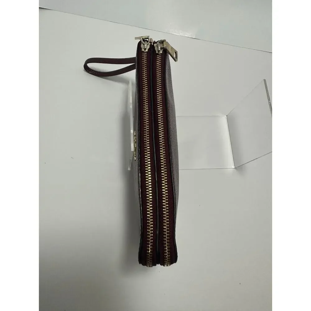 Coach F87587 Double Zip Wristlet Metallic Wine Burgundy Pebbled Leather Gold